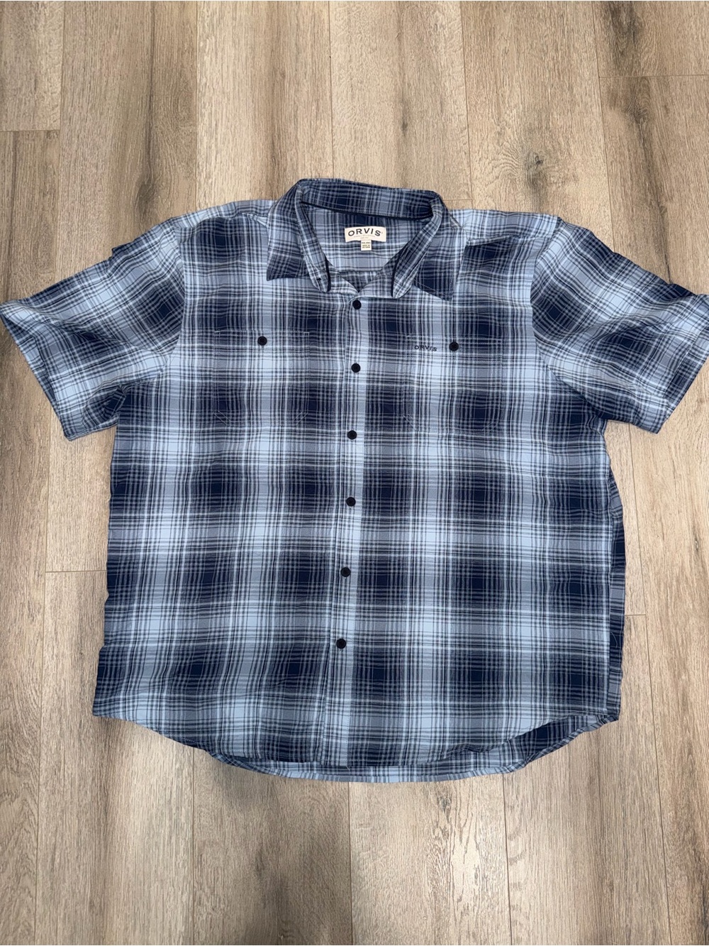 Orvis Navy and Light Blue Plaid Short-Sleeve Button Down Shirt